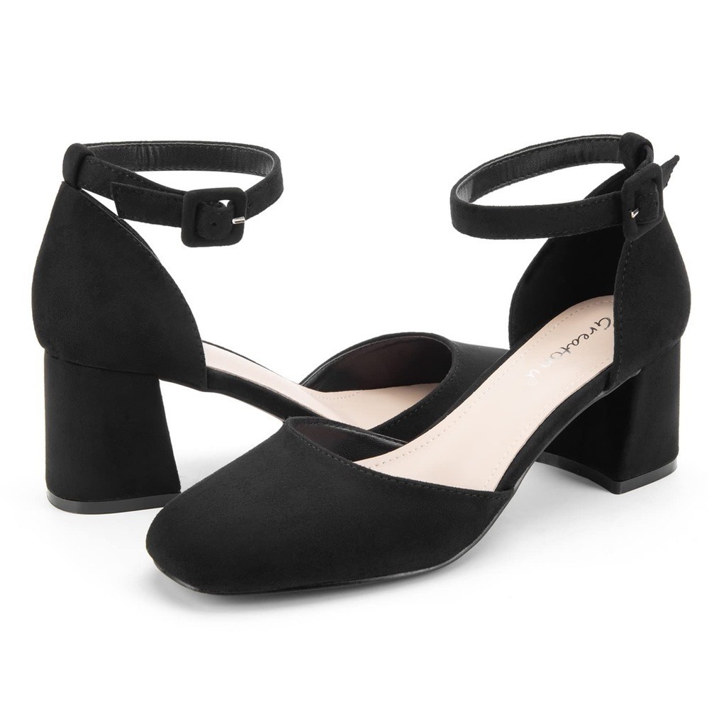Greatonu Block Heel Pumps Size 10 Black Suede Ankle Strap Shoes‎ New Preppy Chic
